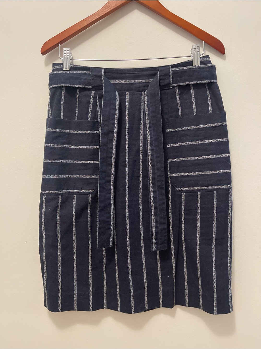 Paraphrase Navy and White Vertical-Stripe Tie-Waist A-Line Skirt - Picture 3 of 9